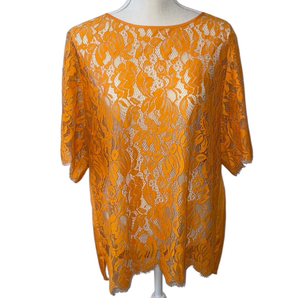 Chico’s Black Label Marmalade Orange Lace Front Top Blouse‎ Size 2 Medium NWT